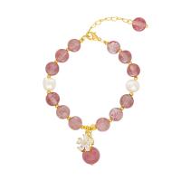 Strawberry Quartz Bracelet, with Cubic Zirconia & Zinc Alloy, Flower, gold color plated, for woman .09 Inch 
