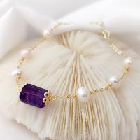 Cultured Freshwater Pearl Brass Bracelet, with Freshwater Pearl & Amethyst, gold color plated, for woman, mixed colors .09 Inch 
