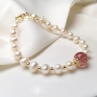 Cultured Freshwater Pearl Brass Bracelet, with Strawberry Quartz & Brass, Round, gold color plated, for woman, mixed colors .09 Inch 