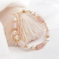Cultured Freshwater Pearl Brass Bracelet, with Rose Quartz & Brass, gold color plated, for woman, mixed colors .09 Inch 