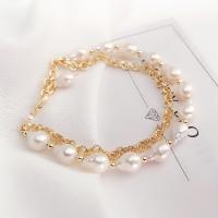 Cultured Freshwater Pearl Brass Bracelet, with Brass, gold color plated, for woman .09 Inch 
