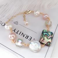 Cultured Freshwater Pearl Brass Bracelet, with Abalone Shell & Brass, gold color plated, for woman .09 Inch 