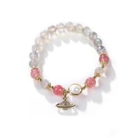 Gemstone Bracelets, Moonstone, with Freshwater Pearl & Strawberry Quartz & Brass, gold color plated, with rhinestone, mixed colors .09 Inch 