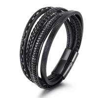 PU Leather Bracelet, with Zinc Alloy, Round, gun black plated, for man, black .26 Inch 