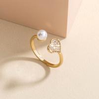 Brass Cuff Finger Ring, with Plastic Pearl, Adjustable & micro pave cubic zirconia & for woman, golden, 17mm 