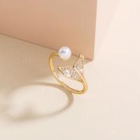 Brass Cuff Finger Ring, with Plastic Pearl, Adjustable & micro pave cubic zirconia & for woman, golden, 17mm 