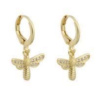 Huggie Hoop Drop Earring, Brass, Dragonfly, gold color plated, fashion jewelry & micro pave cubic zirconia & for woman, golden, 24mm 