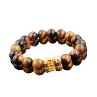 Tiger Eye Stone Bracelets, with Brass, Round, gold color plated, Unisex & radiation protection, yellow 10mm Approx 7.5 Inch 