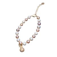 Cultured Freshwater Pearl Brass Bracelet, with Brass, Money Bag, gold color plated, with rhinestone, mixed colors .09 Inch 