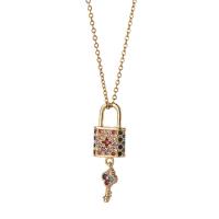 Cubic Zircon Micro Pave Brass Necklace, Lock and Key, gold color plated, oval chain & micro pave cubic zirconia & for woman Approx 15.7 Inch 