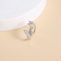 Brass Cuff Finger Ring, Butterfly, Adjustable & micro pave cubic zirconia & for woman, silver color, 17mm 