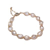 Cultured Freshwater Pearl Brass Bracelet, with Freshwater Pearl, Rice, gold color plated, for woman, white, 8-9mm .09 Inch 