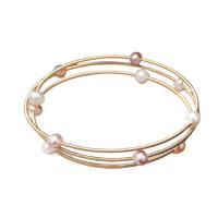 Cultured Freshwater Pearl Brass Bracelet, Round, gold color plated, for woman 5-6mm .09 Inch 
