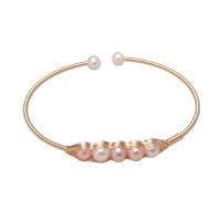 Cultured Freshwater Pearl Brass Bracelet, with Freshwater Pearl, Round, gold color plated, for woman 6-7mm cm 