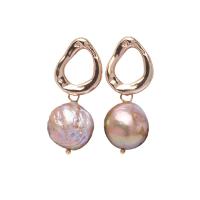 Freshwater Pearl Brass Earring, with Brass, Round, gold color plated, for woman, multi-colored, 13-14mm 