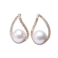 Freshwater Pearl Brass Earring, with Brass, Teardrop, gold color plated, for woman & with rhinestone, white, 8-9mm 