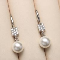 South Sea Shell Drop Earrings, Brass, with Shell Pearl, Round, silver color plated, micro pave cubic zirconia 10mm 