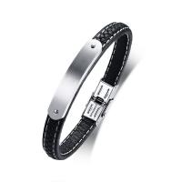 Cowhide Bracelets, 304 Stainless Steel, with Leather, fashion jewelry & for man, black Approx 8.27 Inch 