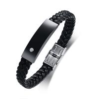 PU Leather Cord Bracelets, 304 Stainless Steel, with Microfiber PU, fashion jewelry & for man & with rhinestone, black Approx 8.46 Inch 