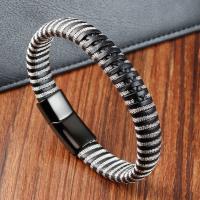 PU Leder Armband, mit 304 Edelstahl, Vakuum-Ionen-Beschichtung, für den Menschen, schwarz, Länge:8.2 , verkauft von PC