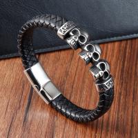 PU Leather Bracelet, with 304 Stainless Steel, Skull, Vacuum Ion Plating, for man, black .2 Inch 