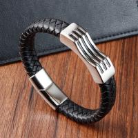 PU Leather Bracelet, with 304 Stainless Steel, Vacuum Ion Plating, for man, black .2 Inch 