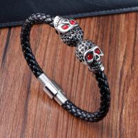 PU Leather Bracelet, with 304 Stainless Steel, Skull, Vacuum Ion Plating, for man, black .2 Inch 