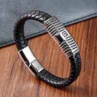 PU Leder Armband, mit 304 Edelstahl, Vakuum-Ionen-Beschichtung, für den Menschen, schwarz, Länge:8.2 ZollInch, verkauft von PC
