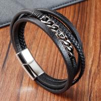 PU Leather Bracelet, with 304 Stainless Steel, Vacuum Ion Plating, for man, black .2 Inch 