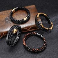 PU Leather Bracelet, with Gemstone & 316L Stainless Steel, Vacuum Plating & for man .26 Inch 