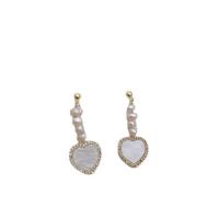Freshwater Pearl Brass Earring, with White Shell & Freshwater Pearl, Heart, real gold plated, Korean style & micro pave cubic zirconia & for woman 