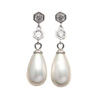 Shell Drop Earring, with Cubic Zirconia & Brass, Teardrop, silver color plated, for woman, white 
