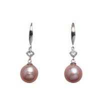 Freshwater Pearl Drop Earring, with Brass, Round, silver color plated, for woman & with rhinestone, multi-colored, 9-10mm 