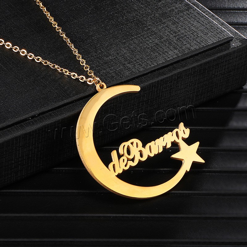 304 Stainless Steel Necklace, with 1.97inch extender chain, Moon and Star, Vacuum Ion Plating, Each custom text must be less than 10 letters & fashion jewelry & Unisex, more colors for choice, Length:Approx 17.72 Inch, Sold By PC
