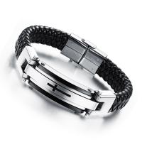304 Stainless Steel Bracelet, with PU Leather, fashion jewelry & for man, black Approx 8.66 Inch 