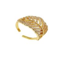 Brass Cuff Finger Ring, Leaf, gold color plated, micro pave cubic zirconia, golden, 17mm 