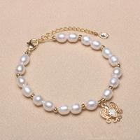 Cultured Freshwater Pearl Brass Bracelet, with Cubic Zirconia & Brass, with 1.57 extender chain, gold color plated, for woman, white, 6-7mm .3 Inch 