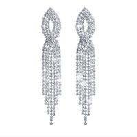 Fashion Fringe Earrings, Rhinestone, with Brass, Tassel, silver color plated, fashion jewelry & for woman & hollow 