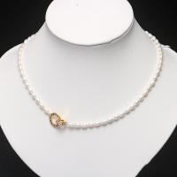 Freshwater Pearl Brass Necklace, with Brass, with 1.57 extender chain, Rice, gold color plated, for woman & with rhinestone, white, 3-4mm .78 Inch 