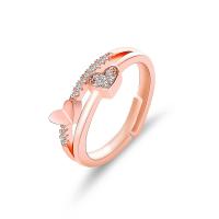 Anillo de dedo de aleación de Zinc, Corazón, chapado en color rosa dorada, ajustable & para mujer & con diamantes de imitación & hueco, 20mm, tamaño:6-8, Vendido por UD