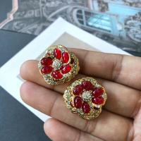 Resin Zinc Alloy Earring, with Resin, Flower, gold color plated & for woman & with rhinestone 
