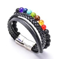 Gemstone Bracelets, PU Leather, with Gemstone & Iron, silver color plated, multilayer & with magnetic .27 Inch 