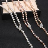 Пресноводные перлы ожерелье цепи свитера, Пресноводные жемчуги, Круглая, плакирован серебром, инкрустированное микро кубического циркония & Женский, Много цветов для выбора, 7-8mm, длина:28.74 дюймовый, продается Strand