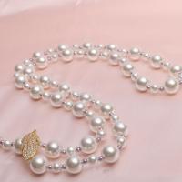 Shell Pearl Sweater Necklace, with Brass, Round, gold color plated, micro pave cubic zirconia & for woman 3mm .89 Inch 