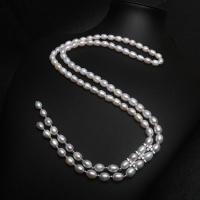 Freshwater Pearl Brass Necklace, with Brass, Rice, silver color plated, micro pave cubic zirconia & for woman, white, 8-9mm .86 