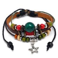 PU Leather Cord Bracelets, with Linen & Wood & Zinc Alloy, Unisex, brown .69 Inch 