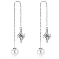 Brass Thread Through Earrings, with Freshwater Pearl, Heart, platinum plated, micro pave cubic zirconia & for woman 120mm, 10mm 