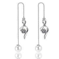 Brass Thread Through Earrings, with Freshwater Pearl, platinum plated, micro pave cubic zirconia & for woman 120mm, 10mm 