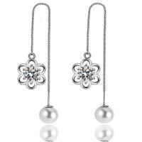 Brass Thread Through Earrings, with Freshwater Pearl, Flower, platinum plated, micro pave cubic zirconia & for woman & hollow 120mm, 10mm 