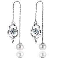 Brass Thread Through Earrings, with Freshwater Pearl, Heart, platinum plated, micro pave cubic zirconia & for woman & hollow 120mm, 10mm 